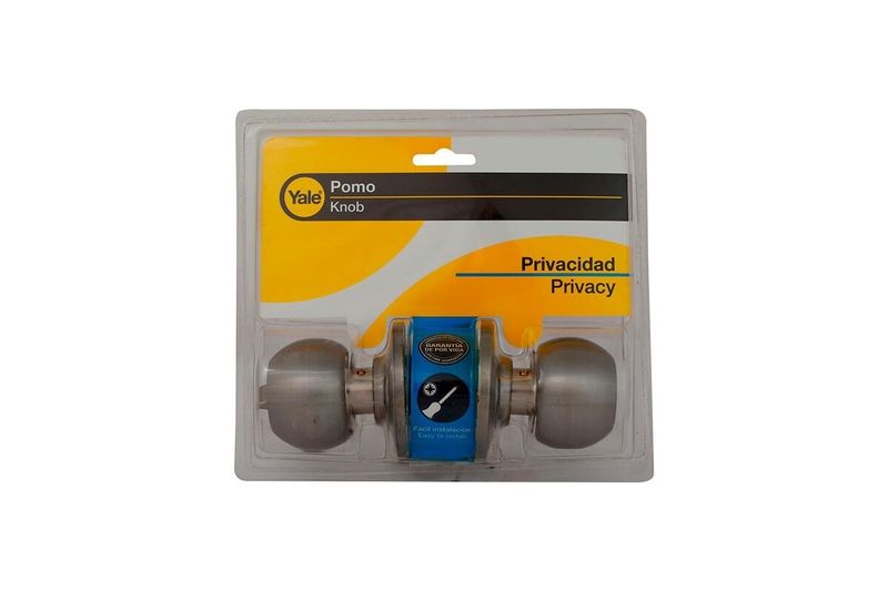 Cerradura pelota baño Bolton Yale acero inoxidable, producto en su empaque plástico con cartón amarillo y negro