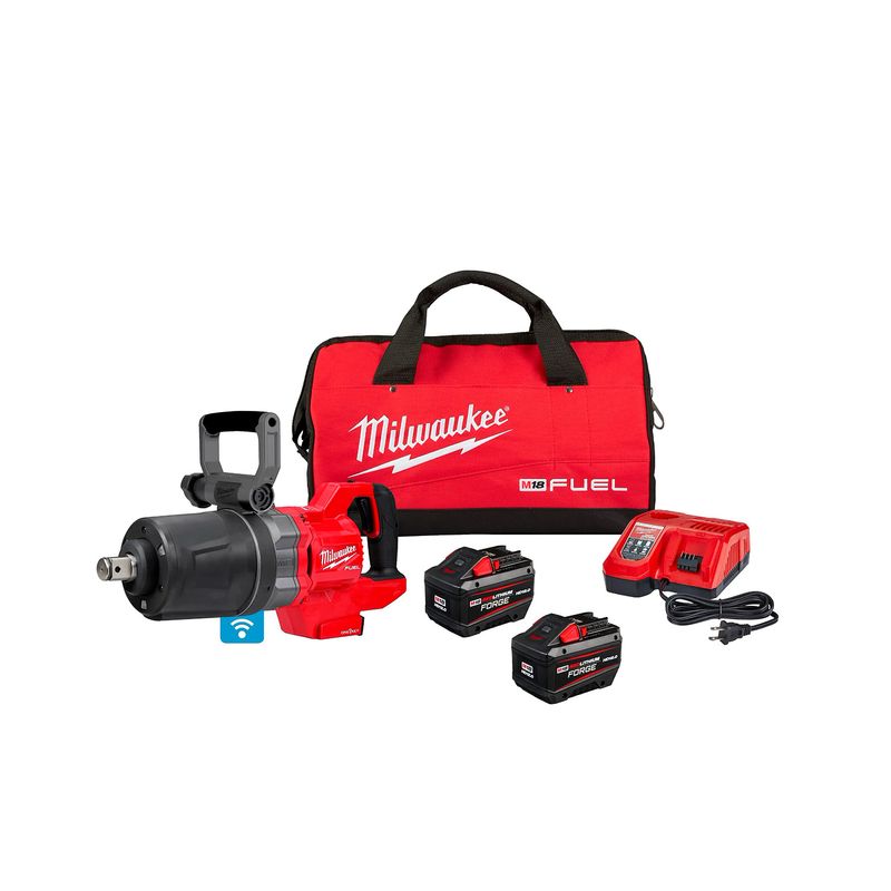 Kit llave de impacto inalámbrica 1 pulgada M18 Fuel Milwaukee, herramienta con dos baterías, cargador y maletín rojo