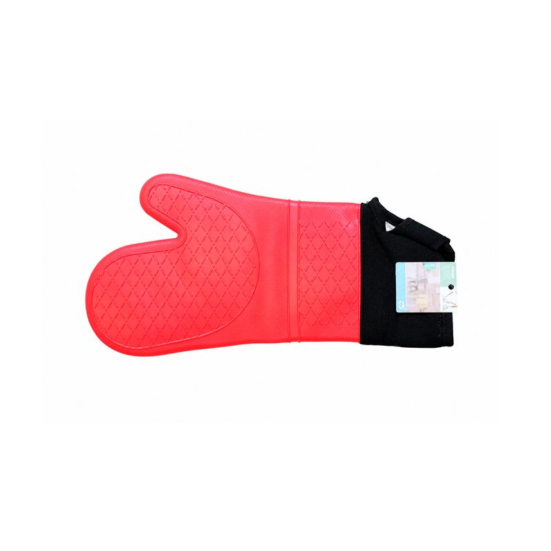 Guante para cocina surtidos Sinsa, color rojo con puño negro y etiqueta blanca adherida