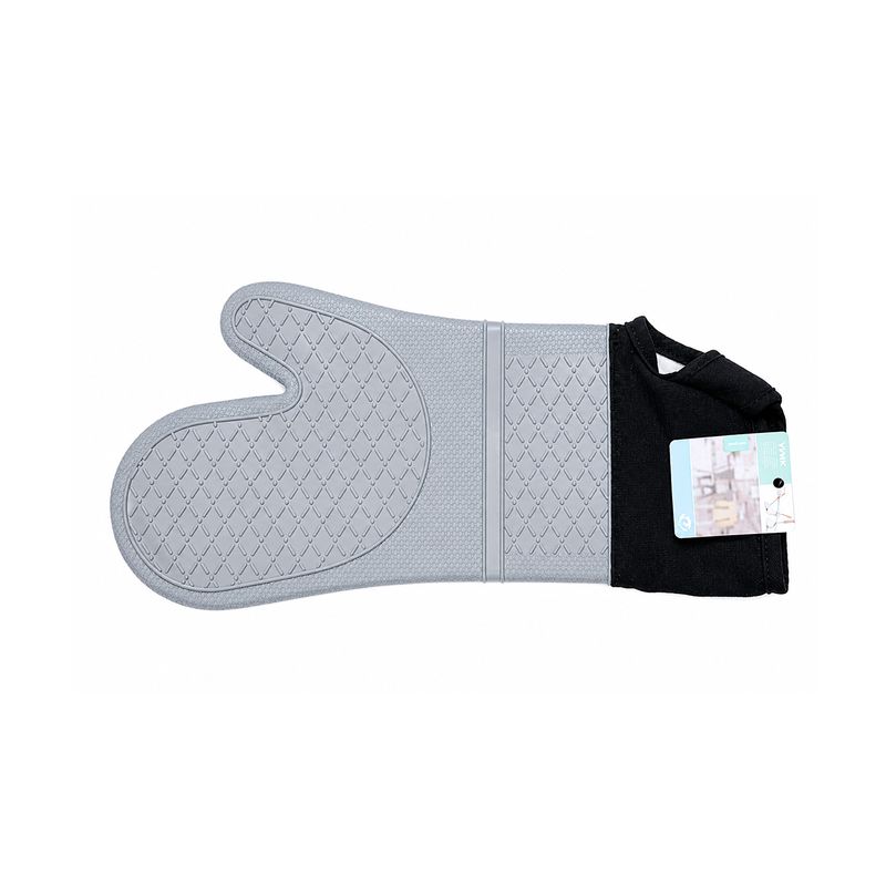 Guante para cocina surt Sinsa, vista lateral del guante gris con textura de rombos y puño negro con etiqueta