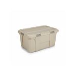 Caja organizadora Duty 100 L Iron beige Sinsa, vista diagonal del contenedor cerrado con cierres frontales grises