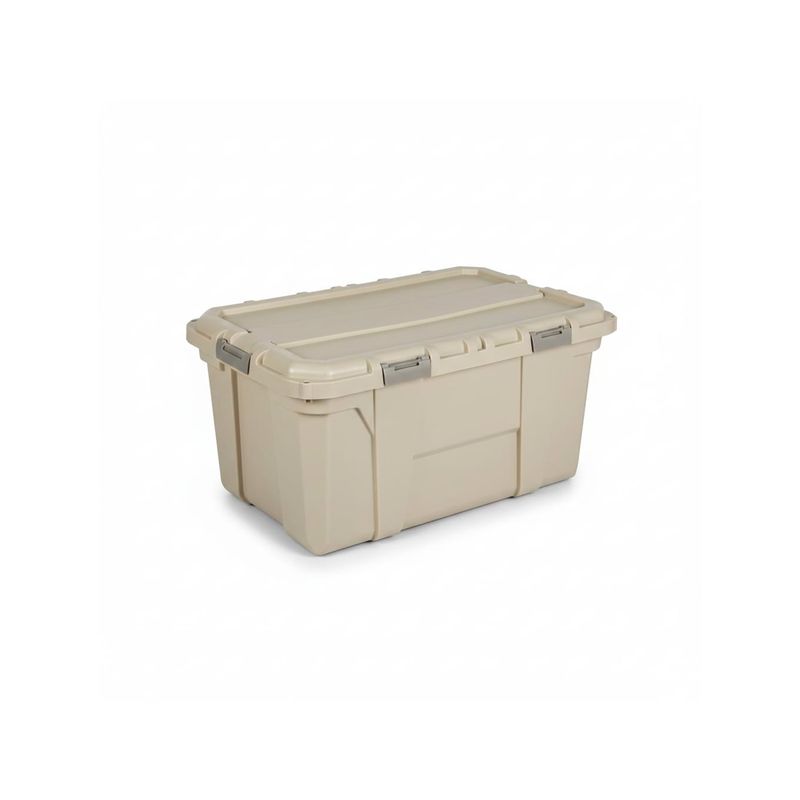 Caja organizadora Duty 100 L Iron beige Sinsa, vista diagonal del contenedor cerrado con cierres frontales grises