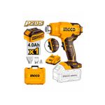 Pistola de calor inalámbrica Ingco de 20 voltios, kit con batería de 4.0 Ah, cargador, boquillas y maletín amarillo