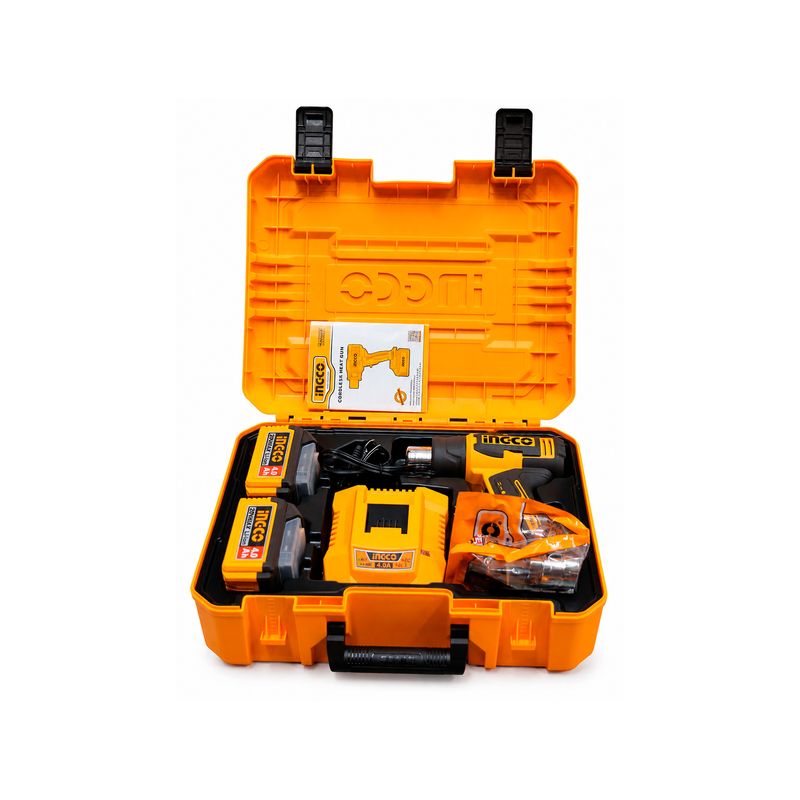 Pistola de calor inalámbrica Ingco de 20 voltios, kit completo en maletín plástico amarillo con baterías y cargador