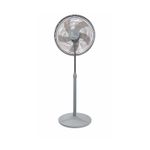 Abanico de pedestal 18 pulgadas 5 aspas 3 velocidades 60 W 110 V gris Fan Breeze, vista frontal completa sobre fondo blanco