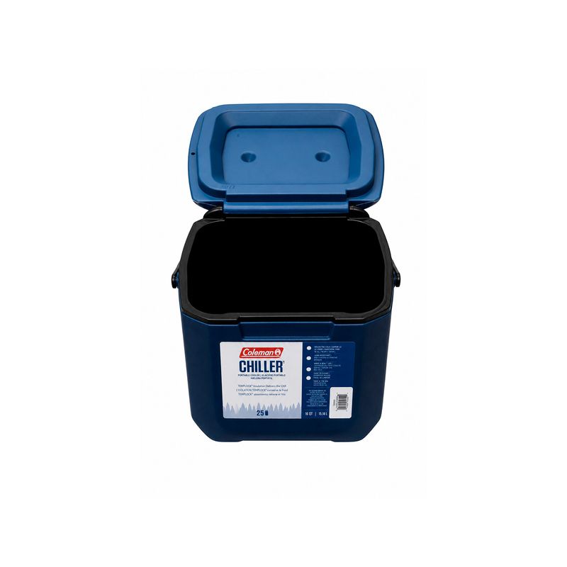 Hielera serie Chiller 16 qt azul Coleman, vista frontal con tapa abierta mostrando el interior negro y etiqueta blanca
