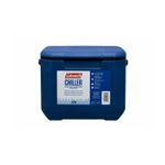 Hielera serie Chiller 16 qt azul Coleman, vista frontal con etiqueta informativa blanca en la tapa