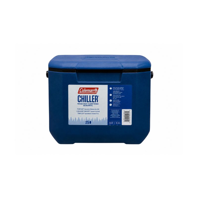 Hielera serie Chiller 16 qt azul Coleman, vista frontal con etiqueta informativa blanca en la tapa