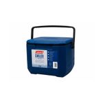 Hielera serie Chiller 16 qt azul Coleman, vista frontal en ángulo con asa negra y etiqueta informativa blanca