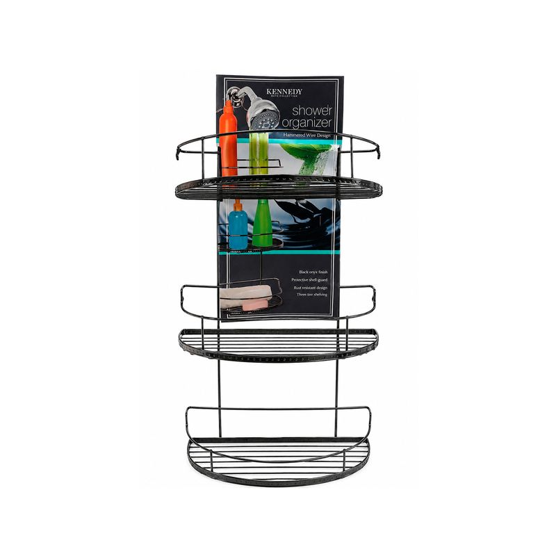 Organizador de ducha colgante para baño 27 x 15.5 x 63.5 cm plateado Kennedy, estructura de tres niveles frente a su empaque