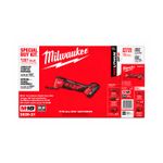 Herramienta multifunción inalámbrica M18 Milwaukee, empaque frontal rojo y blanco con ilustración del equipo y accesorios
