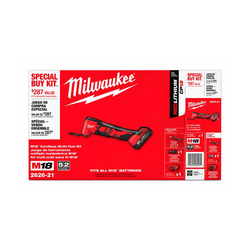 Herramienta multifunción inalámbrica M18 Milwaukee, empaque frontal rojo y blanco con ilustración del equipo y accesorios