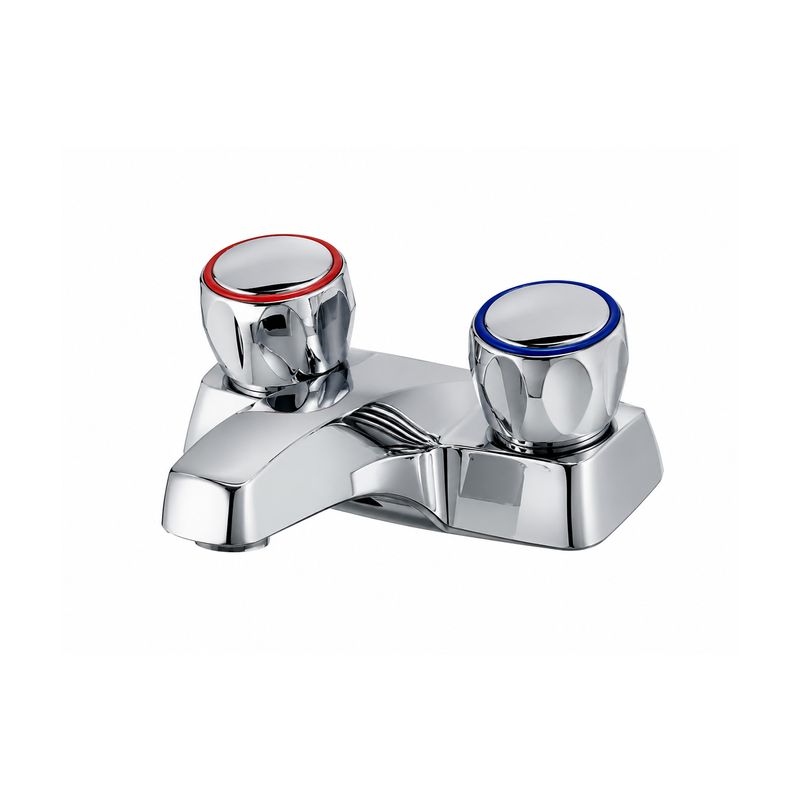 Llave para lavamano doble rosca sencilla cromo SINSA, vista frontal en ángulo con perillas marcadas en rojo y azul
