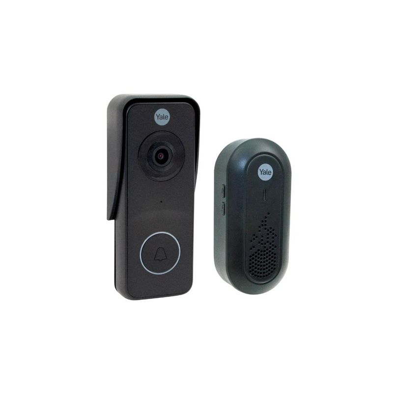 Timbre inteligente con video y audio Lumo negro Yale, conjunto de cámara y timbre inalámbrico sobre fondo blanco