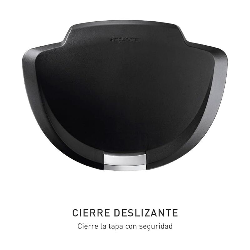 Basurero media luna 50 L plástico negro Simplehuman, detalle del cierre deslizante en la parte inferior de la tapa