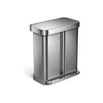Basurero 2 compartimientos rectangular 58 L de acero inoxidable Simplehuman, vista en ángulo del cuerpo y tapa superior
