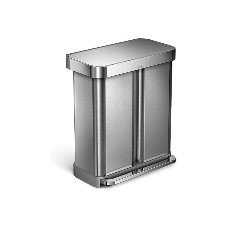 Basurero 2 compartimientos rectangular 58 L de acero inoxidable Simplehuman, vista en ángulo del cuerpo y tapa superior
