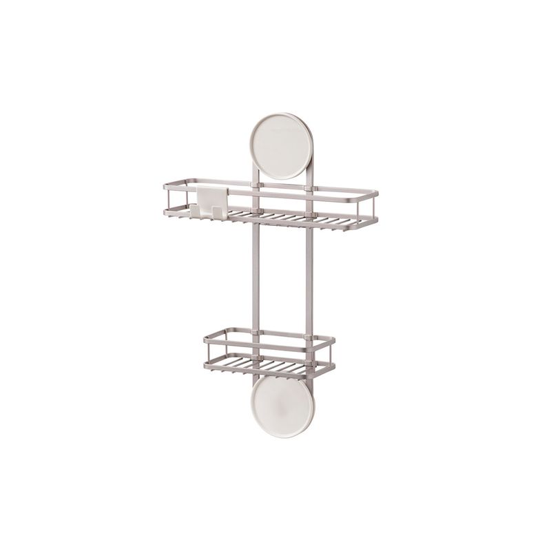 Organizador de ducha 2 niveles aluminio/trans iDesign, vista frontal del estante doble con bandejas circulares