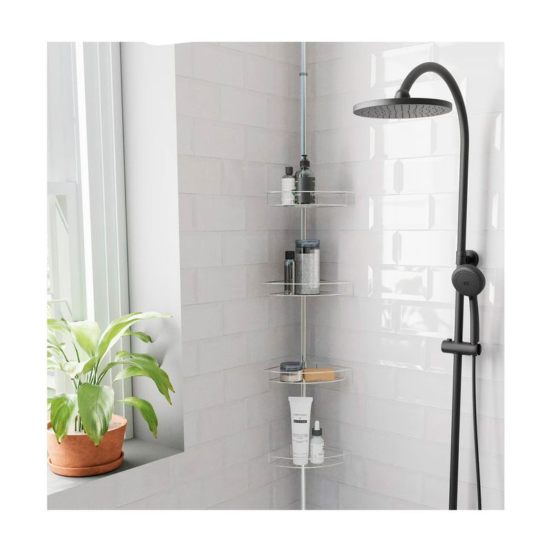 Organizador de ducha 4 niveles extendible satín níquel Zenna Home, instalado en esquina con artículos de aseo personal