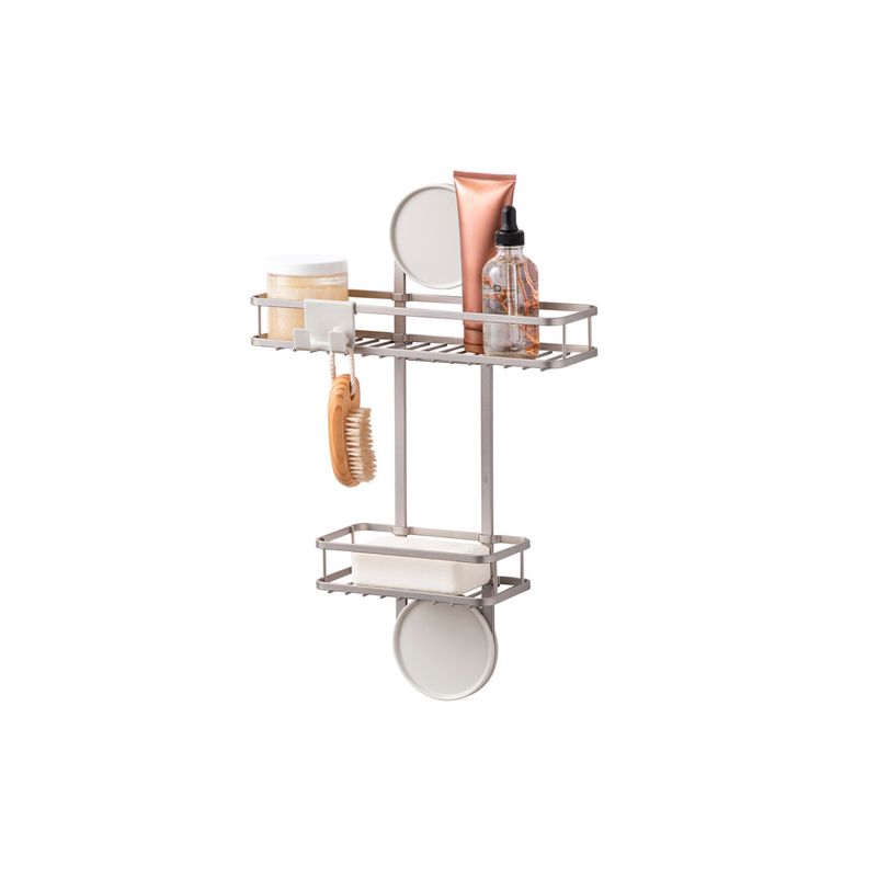 Organizador de ducha 2 niveles aluminio/trans iDesign, equipado con artículos de aseo personal y cepillo de madera