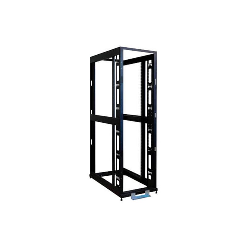 Rack 4 postes 45UR ajustable 35 a 48 pulgadas profundo negro Newlink, vista diagonal del armazón metálico abierto