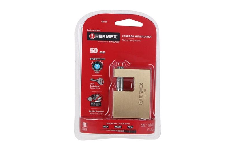 Candado anticizalla Hermex bronce de 50 mm, presentado en su empaque blister rojo con detalles técnicos