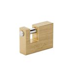 Candado anticizalla Hermex bronce de 50 mm, vista lateral del cuerpo rectangular dorado y arco cilíndrico plateado