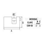 Candado anticizalla bronce 50 mm Hermex, gráfico técnico con tabla de medidas y dimensiones A, B y C