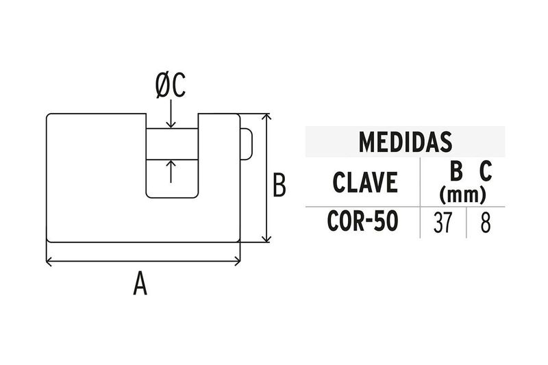 Candado anticizalla bronce 50 mm Hermex, gráfico técnico con tabla de medidas y dimensiones A, B y C