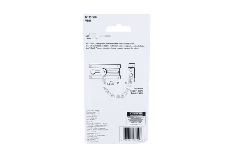 Falleba de seguridad dorado National Hardware, empaque posterior con especificaciones técnicas y código de barras