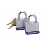 Candado laminado 2 piezas Master Lock de 38 mm alta seguridad, dos candados plateados con llaves doradas