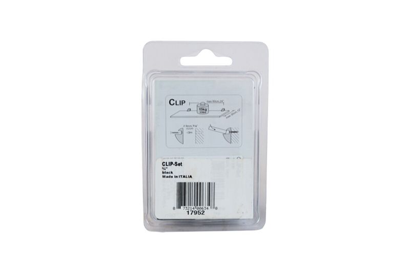 Soporte para repisa Dolle de 2 piezas 3/4 pulgadas negro tipo clip, empaque blíster con diagrama de instalación