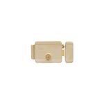 Kit cerradura parche eléctrica Yale transformador, cable y botón izquierda, primer plano del cuerpo y pestillo beige