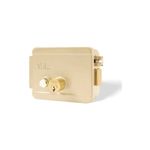 Kit cerradura parche eléctrica Yale con transformador, cable y botón derecha, vista frontal del transformador color crema