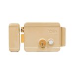 Kit cerradura parche eléctrica Yale transf-cable-botón derecha, vista frontal en color beige con cilindro y botón