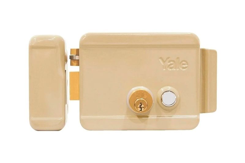 Kit cerradura parche eléctrica Yale transf-cable-botón derecha, vista frontal en color beige con cilindro y botón