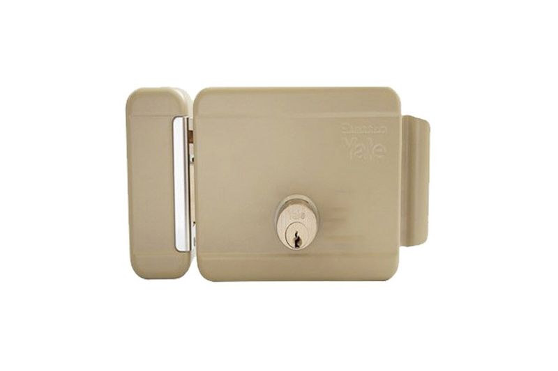 Kit cerradura parche eléctrica Yale transf-cable-botón izquierda, vista frontal del cuerpo de la cerradura en color beige