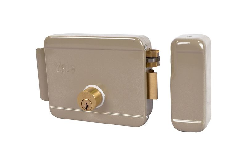 Kit cerradura parche eléctrica Yale transf-cable-botón derecha, cuerpo metálico color beige con cilindro dorado y tapa