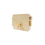 Kit cerradura parche eléctrica Yale transf-cable-botón izquierda, vista frontal del cuerpo en color beige y cilindro dorado