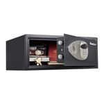 Caja de seguridad digital Sentry Safe de 0.7 pies cúbicos, abierta mostrando pasaporte, reloj y llaves en su interior