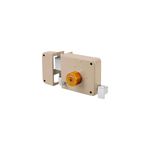 Cerradura parche madera izquierda Hermex, vista frontal en color beige con perno metálico y cilindro dorado
