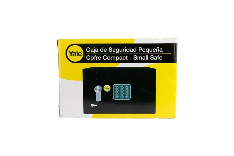 Caja de seguridad digital Yale de 32x20 cm, vista frontal de la caja de empaque amarilla y negra