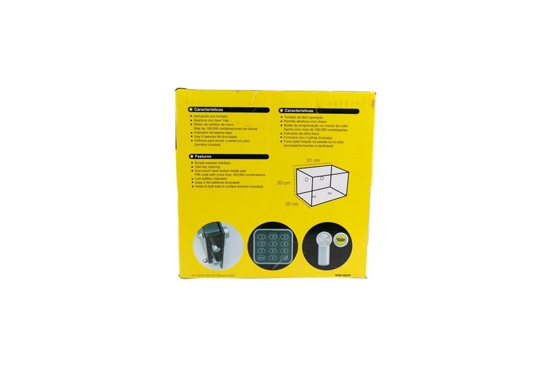 Caja de seguridad Yale de 32x20 cm digital, parte posterior de la caja amarilla con especificaciones técnicas y diagramas
