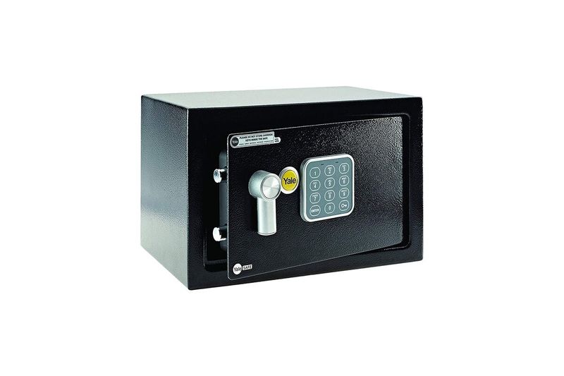 Caja de seguridad digital Yale de 32x20 cm, color negro con teclado numérico y cerradura frontal