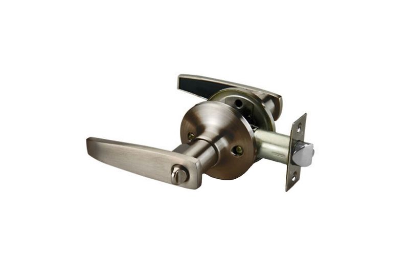 Cerradura manecilla baño Dover Yale bronce antiguo, vista lateral completa con pestillo y placa de montaje