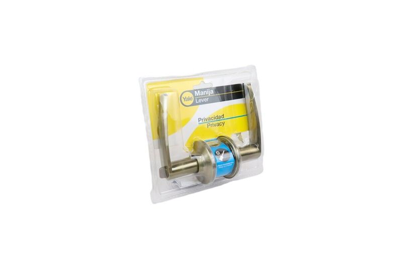 Cerradura manecilla baño Dover Yale bronce antiguo, empaque plástico transparente con inserto amarillo y azul