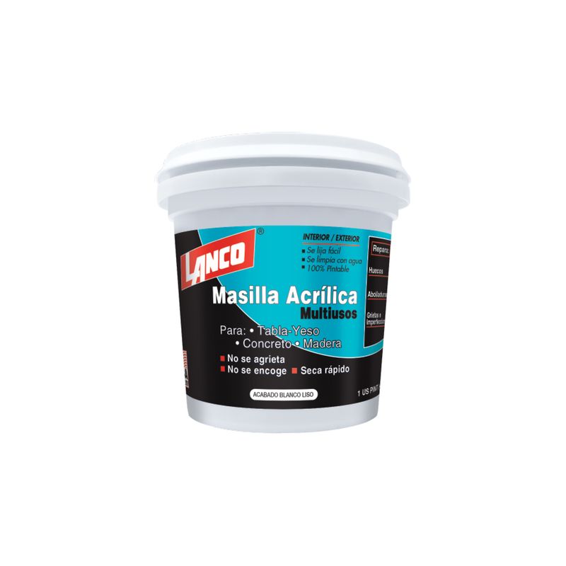 Masilla para concreto acrílica spackling blanco Lanco de 16 onzas, envase plástico blanco con etiqueta multicolor