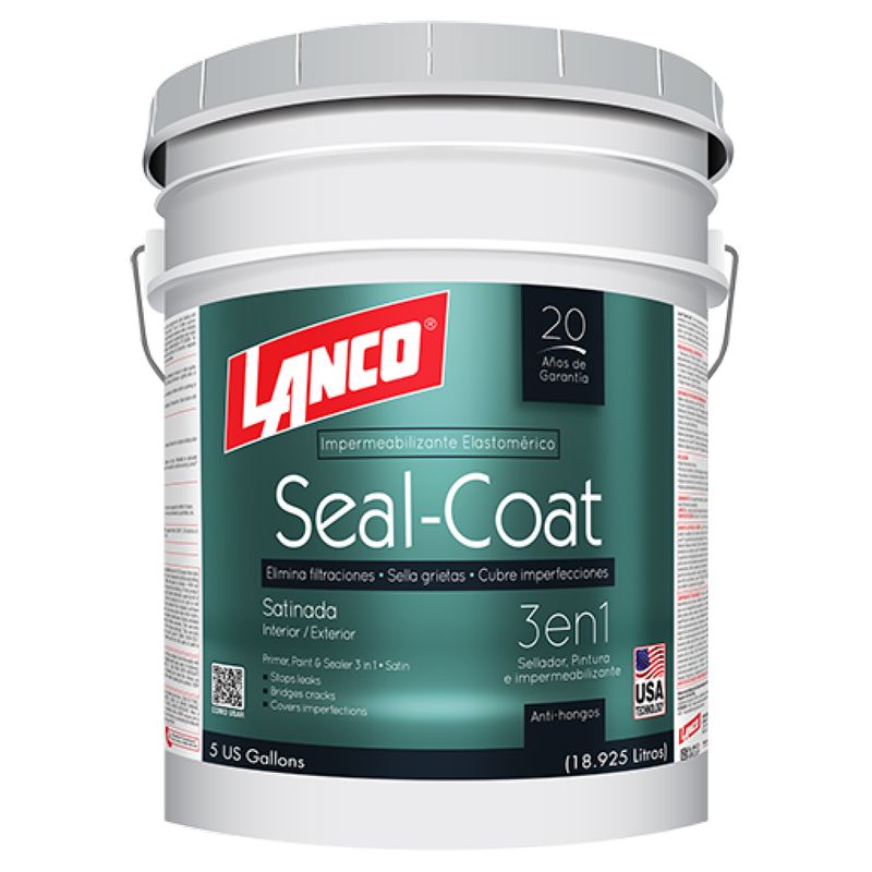 Pintura látex seal coat elastomérica blanco satinado Lanco en cubeta de 5 galones, vista frontal de la etiqueta