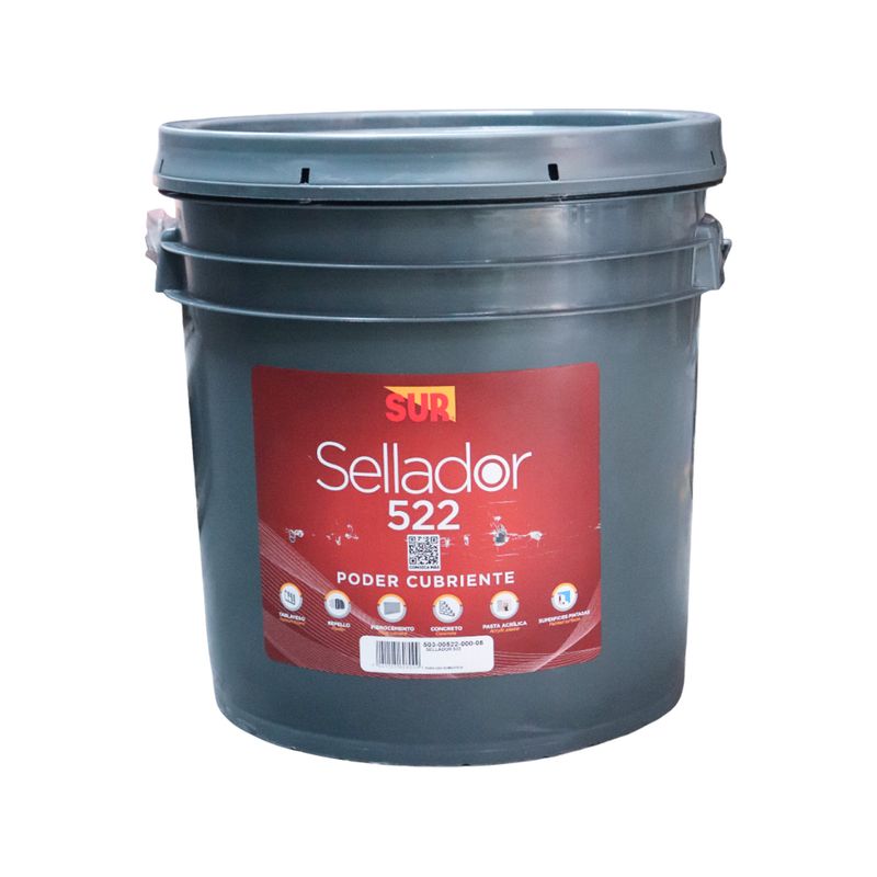 Sellador para concreto fino 522 blanco mate Sur cubeta, envase plástico gris con etiqueta roja y blanca frontal