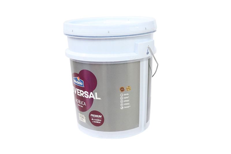 Pintura acrílica universal modelo cubeta blanco mate Superior Modelo, vista frontal de la cubeta blanca con asa metálica